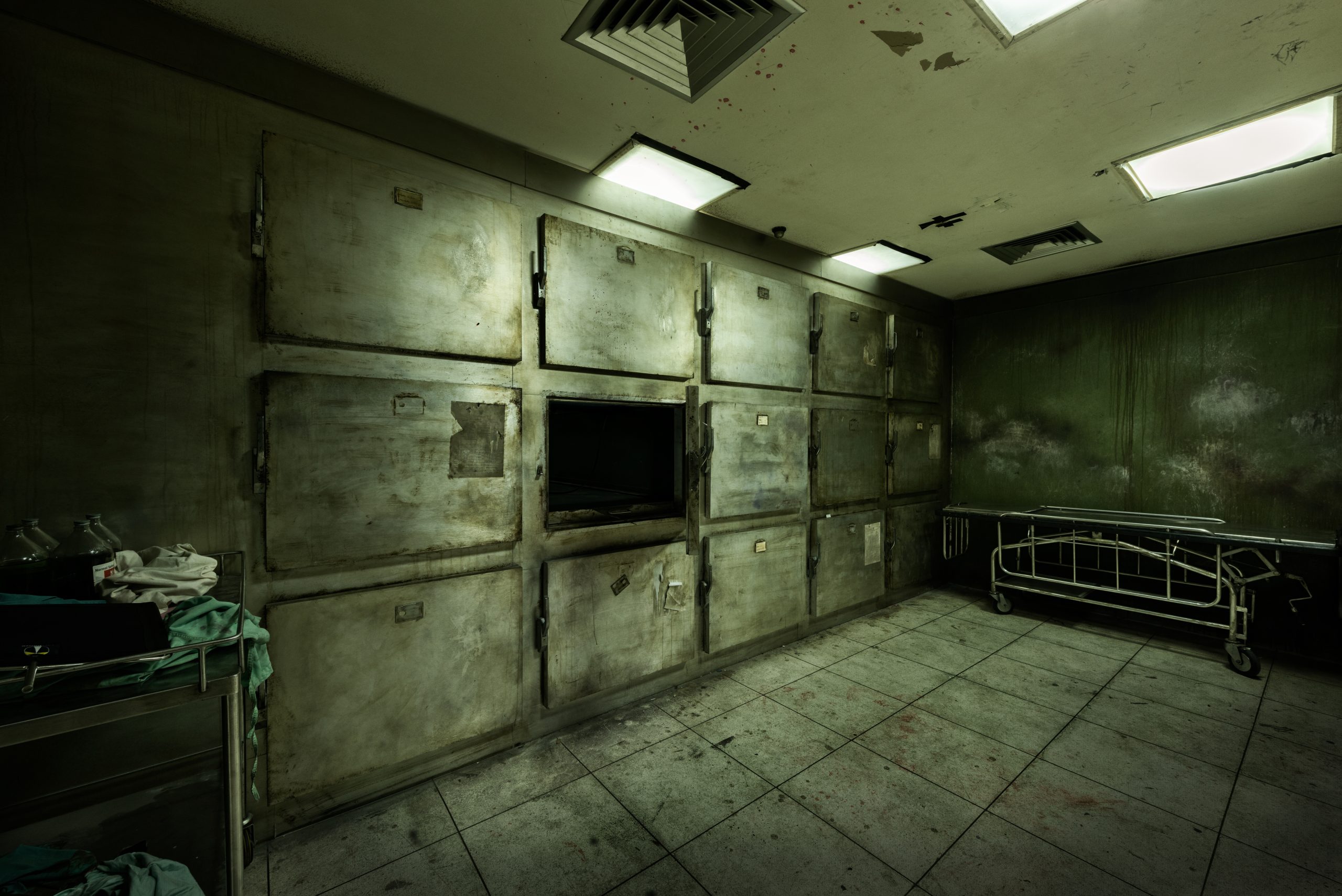View of dark room abandoned in the Psychiatric Hospital Set up view of dark room abandoned in the Psychiatric Hospital for movie Film set at bangkok, Thailand. Halloween frightful Concept.