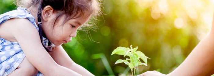 Asian little girl and parent planting young tree on black soil together as save world concept in vintage color tone