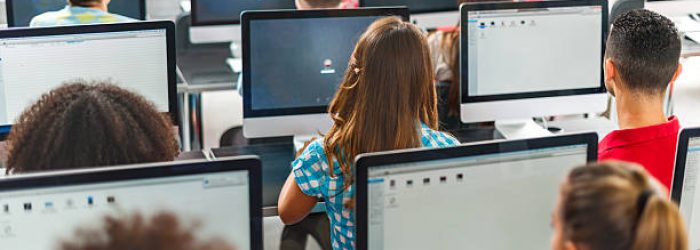 Rear view of large group of people sitting at a computer class and using computers.